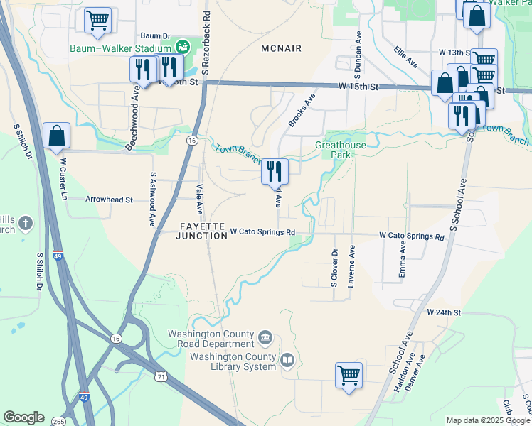 map of restaurants, bars, coffee shops, grocery stores, and more near 1140 West Cato Springs Road in Fayetteville