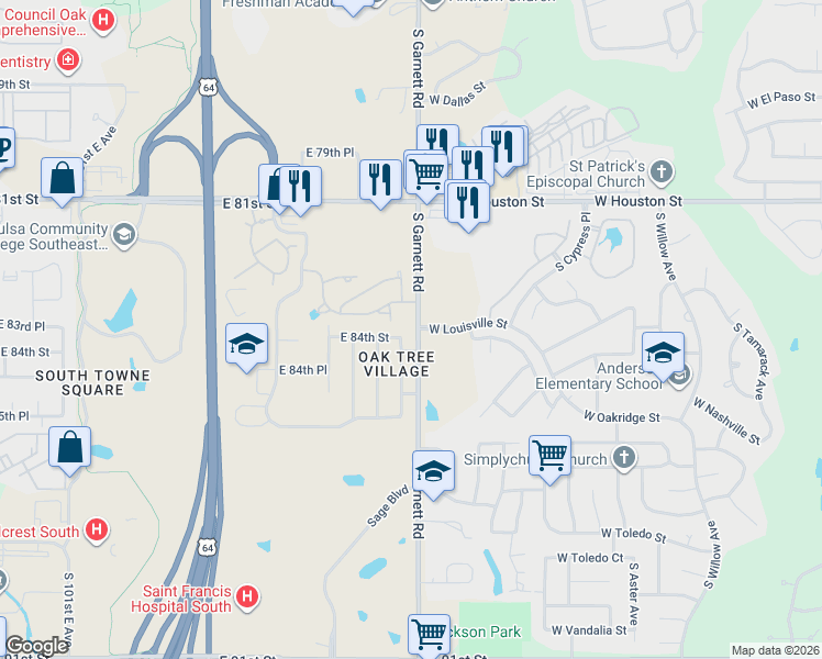 map of restaurants, bars, coffee shops, grocery stores, and more near 8405 South 112th East Avenue in Tulsa