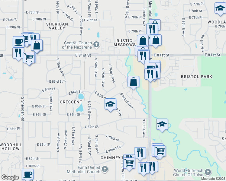 map of restaurants, bars, coffee shops, grocery stores, and more near 7508 East 83rd Place in Tulsa
