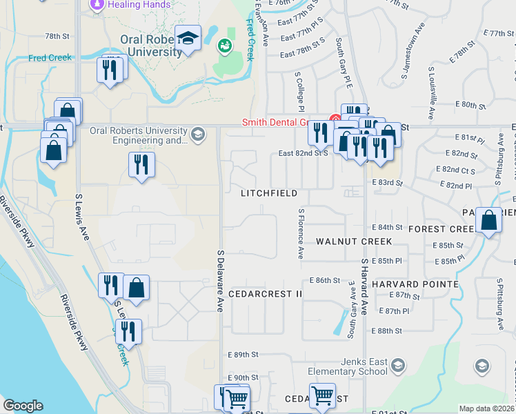 map of restaurants, bars, coffee shops, grocery stores, and more near 2835 East 85th Street in Tulsa