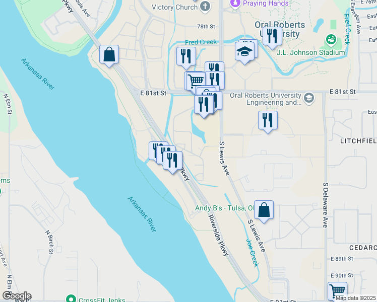 map of restaurants, bars, coffee shops, grocery stores, and more near 8324 South Yorktown Avenue in Tulsa