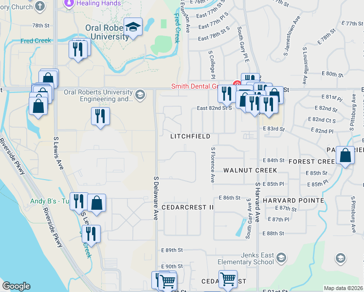 map of restaurants, bars, coffee shops, grocery stores, and more near 8229 South College Avenue in Tulsa
