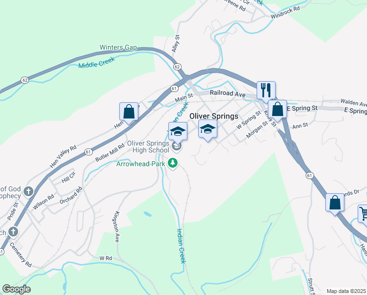 map of restaurants, bars, coffee shops, grocery stores, and more near 419 Kingston Avenue in Oliver Springs