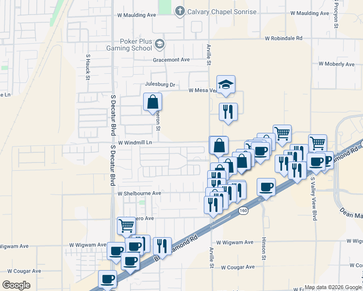 map of restaurants, bars, coffee shops, grocery stores, and more near 8175 Arville Street in Las Vegas