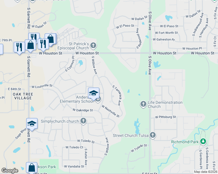 map of restaurants, bars, coffee shops, grocery stores, and more near 1105 South Willow Avenue in Broken Arrow