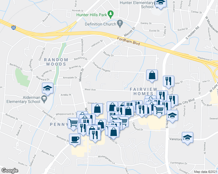 map of restaurants, bars, coffee shops, grocery stores, and more near 3834 West Avenue in Greensboro