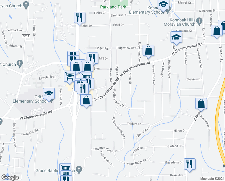 map of restaurants, bars, coffee shops, grocery stores, and more near 2419 Fiddlers Glenn Drive in Winston-Salem