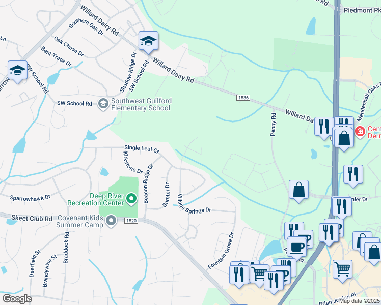 map of restaurants, bars, coffee shops, grocery stores, and more near 3706 Village Springs Court in High Point