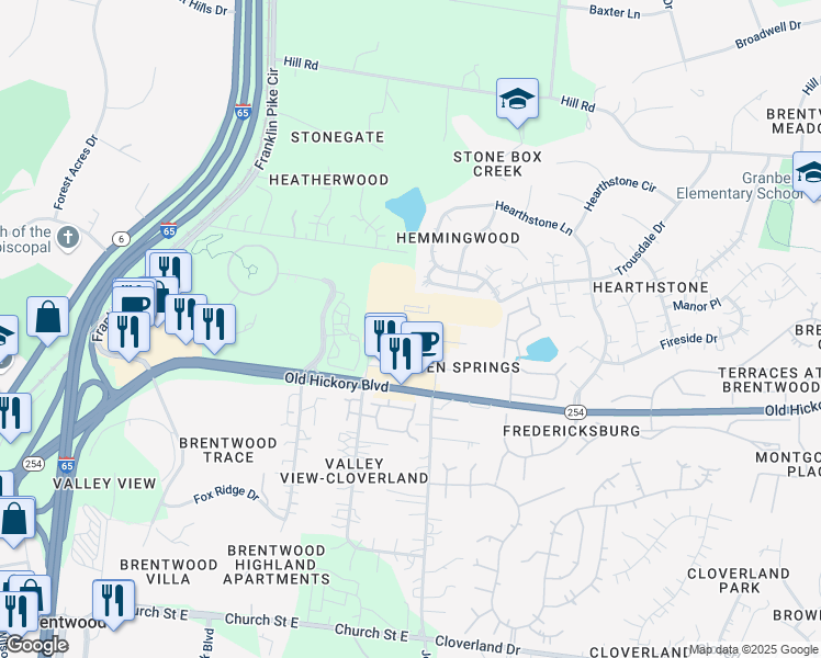 map of restaurants, bars, coffee shops, grocery stores, and more near 310 Seven Springs Way in Brentwood