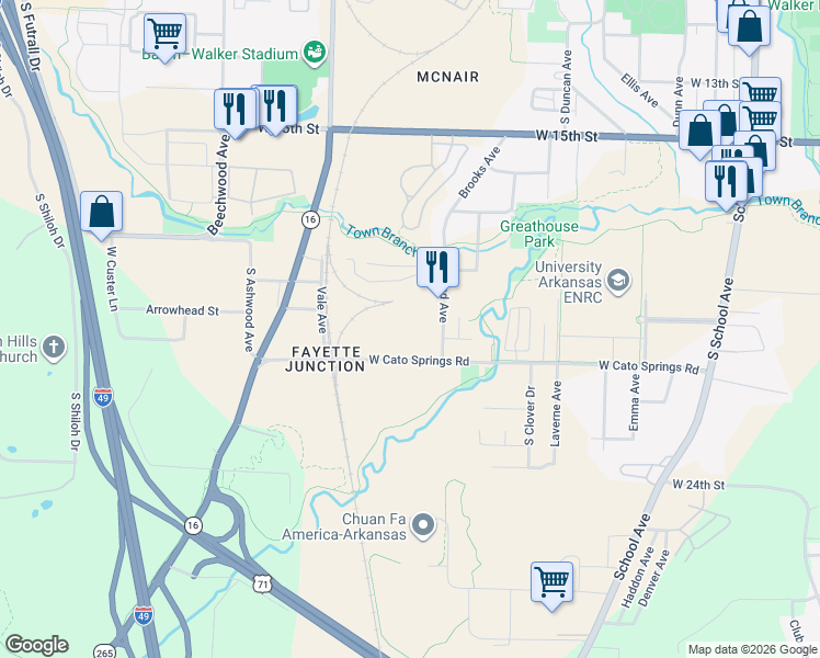 map of restaurants, bars, coffee shops, grocery stores, and more near 1168 West Cato Springs Road in Fayetteville