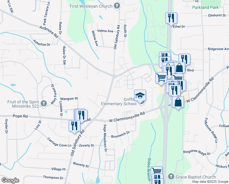 map of restaurants, bars, coffee shops, grocery stores, and more near 2050 Old Salisbury Road in Winston-Salem