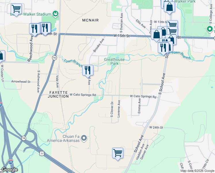map of restaurants, bars, coffee shops, grocery stores, and more near 2035 Cline Avenue in Fayetteville