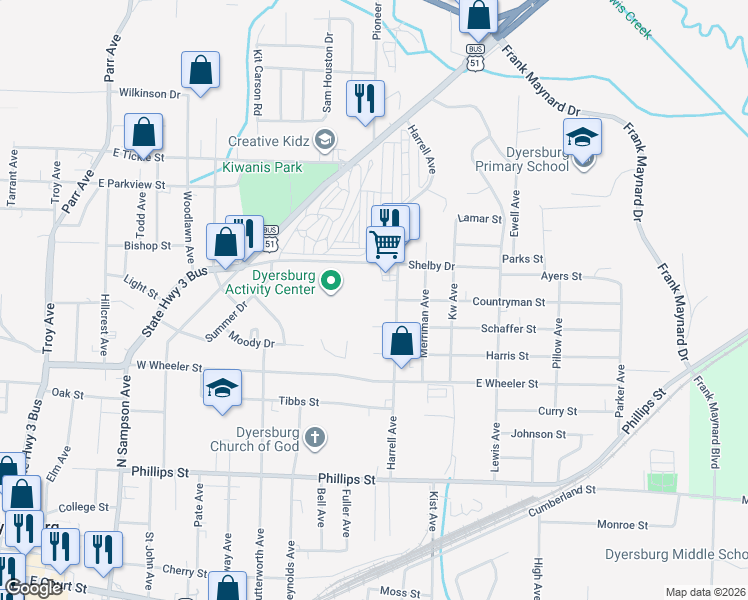 map of restaurants, bars, coffee shops, grocery stores, and more near 911 Harrell Avenue in Dyersburg