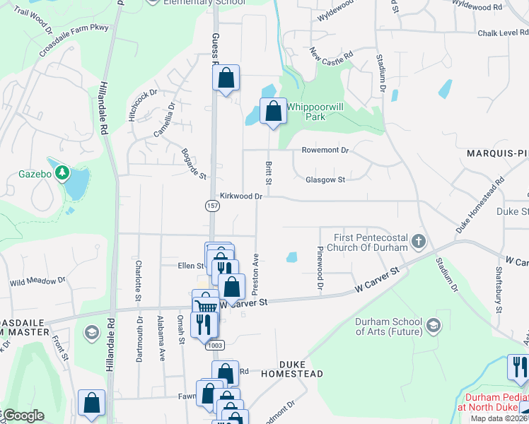 map of restaurants, bars, coffee shops, grocery stores, and more near 3509 Preston Avenue in Durham