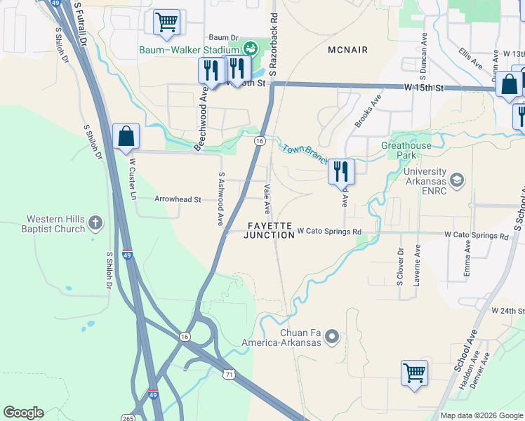 map of restaurants, bars, coffee shops, grocery stores, and more near 1438 West Cato Springs Road in Fayetteville