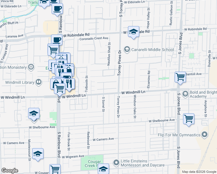 map of restaurants, bars, coffee shops, grocery stores, and more near 6564 Gossamer Fog Avenue in Las Vegas