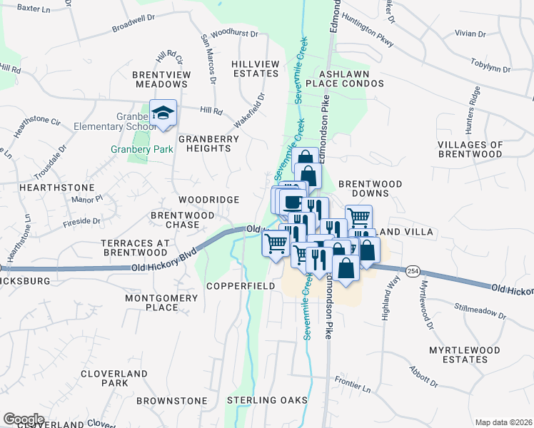 map of restaurants, bars, coffee shops, grocery stores, and more near 5707 Brentwood Meadows Circle in Brentwood