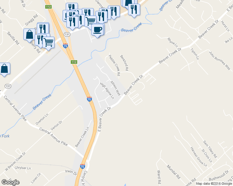 map of restaurants, bars, coffee shops, grocery stores, and more near 7113 Allison Way in Knoxville