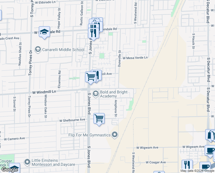 map of restaurants, bars, coffee shops, grocery stores, and more near 5923 Aramis Avenue in Las Vegas