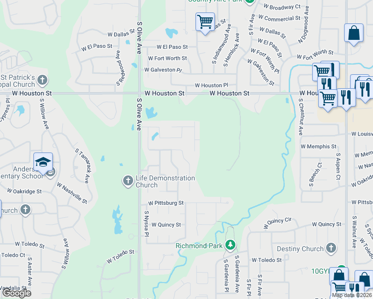 map of restaurants, bars, coffee shops, grocery stores, and more near 1017 South Kalanchoe Avenue in Broken Arrow