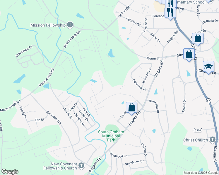 map of restaurants, bars, coffee shops, grocery stores, and more near 651 Williamsdale Road in Graham