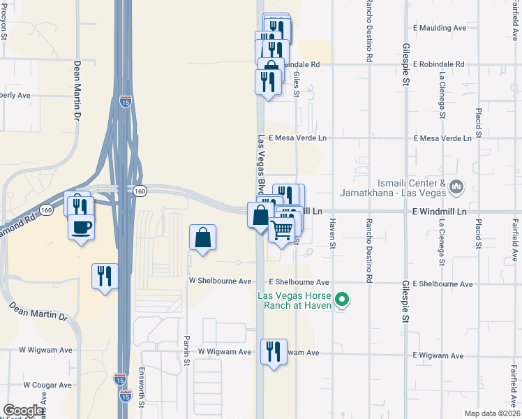 map of restaurants, bars, coffee shops, grocery stores, and more near 2 East Windmill Lane in Las Vegas