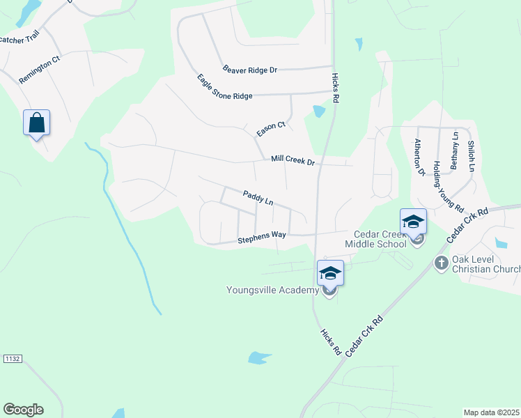 map of restaurants, bars, coffee shops, grocery stores, and more near 40 James Joyce Court in Youngsville