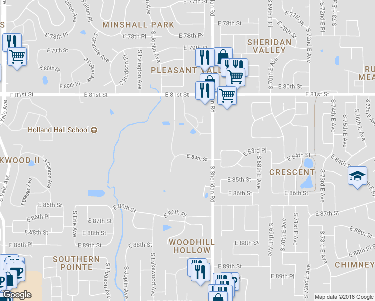 map of restaurants, bars, coffee shops, grocery stores, and more near 6023 East 84th Street in Tulsa