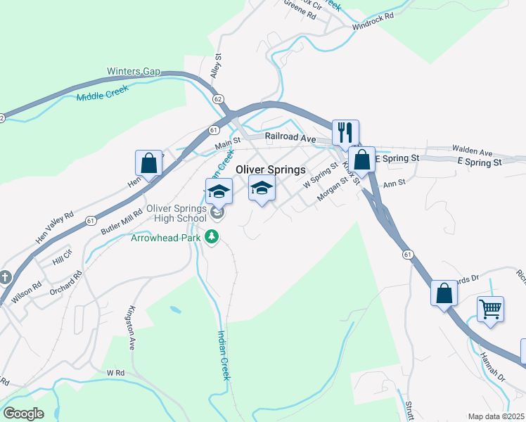 map of restaurants, bars, coffee shops, grocery stores, and more near 317 Roane Street in Oliver Springs