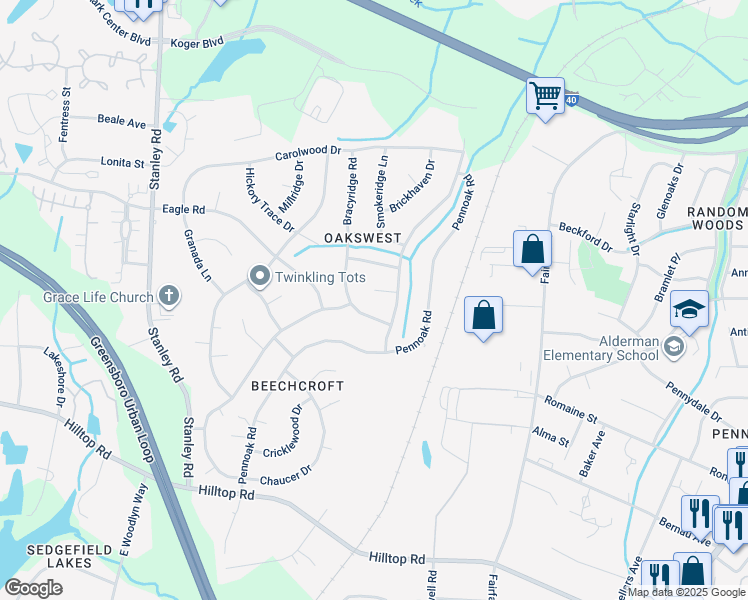 map of restaurants, bars, coffee shops, grocery stores, and more near 5 Wonderwood Court in Greensboro