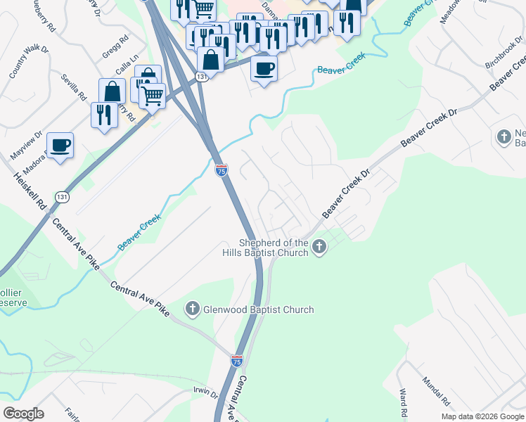 map of restaurants, bars, coffee shops, grocery stores, and more near 7352 Long Shot Lane in Knoxville