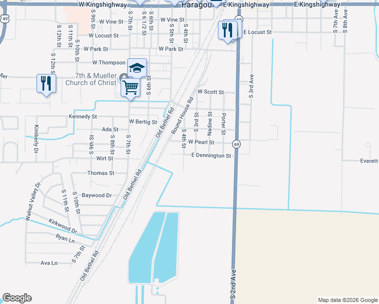 map of restaurants, bars, coffee shops, grocery stores, and more near 400 East Dennington Street in Paragould