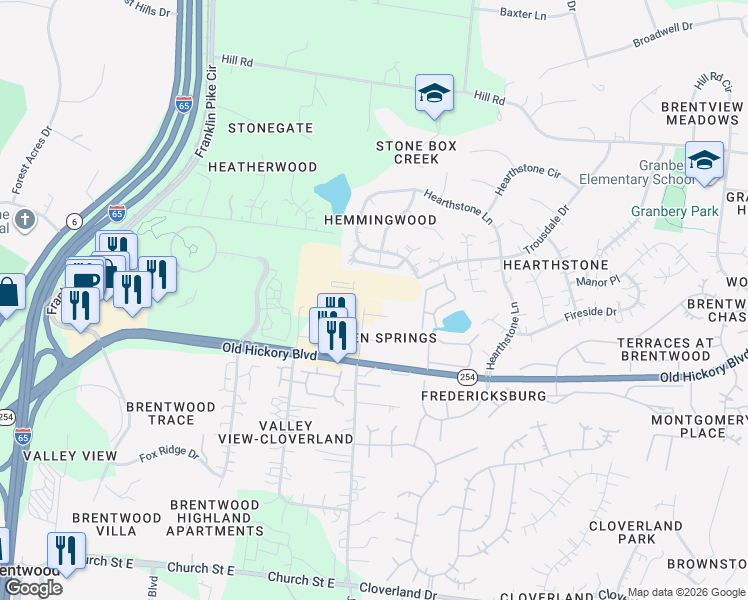 map of restaurants, bars, coffee shops, grocery stores, and more near 300 Seven Springs Way in Brentwood
