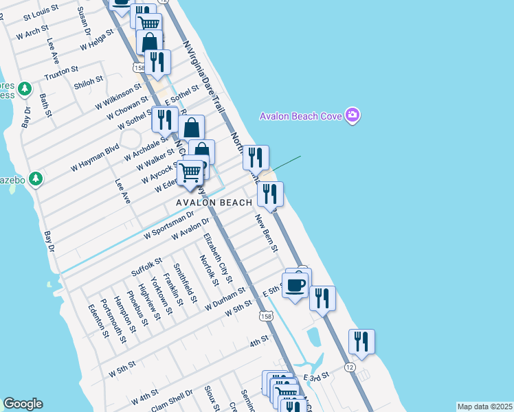 map of restaurants, bars, coffee shops, grocery stores, and more near 2055 New Bern St in Kill Devil Hills
