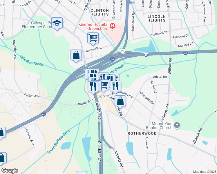 map of restaurants, bars, coffee shops, grocery stores, and more near 1023 Alamance Church Road in Greensboro