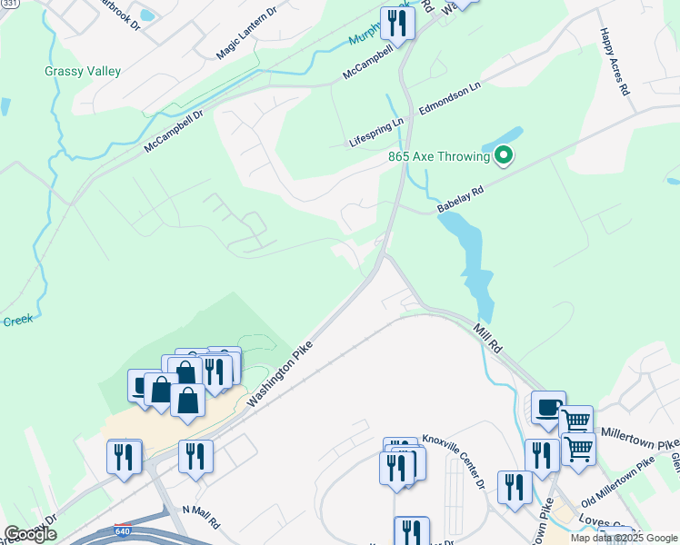 map of restaurants, bars, coffee shops, grocery stores, and more near 5617 Washington Pike in Knoxville