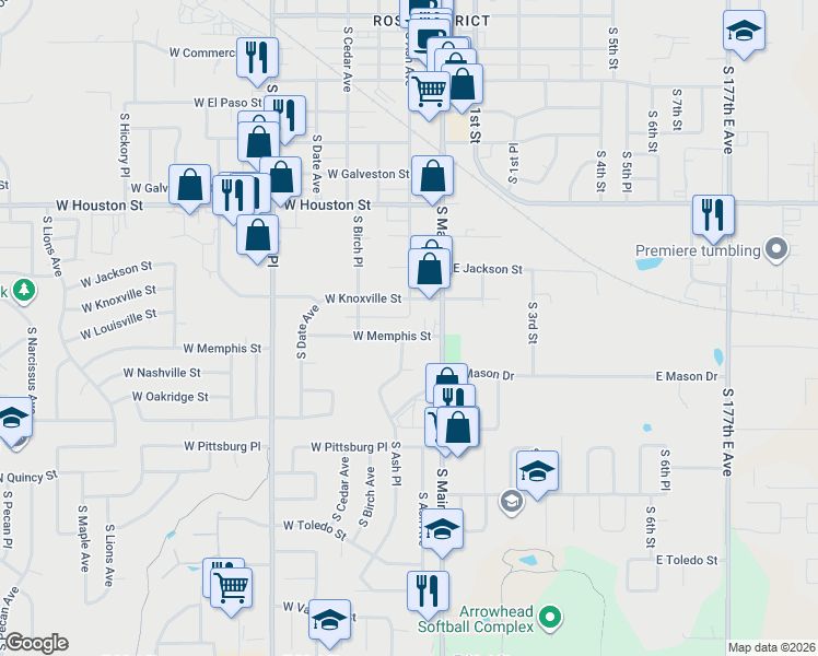 map of restaurants, bars, coffee shops, grocery stores, and more near 1400 South Main Street in Broken Arrow