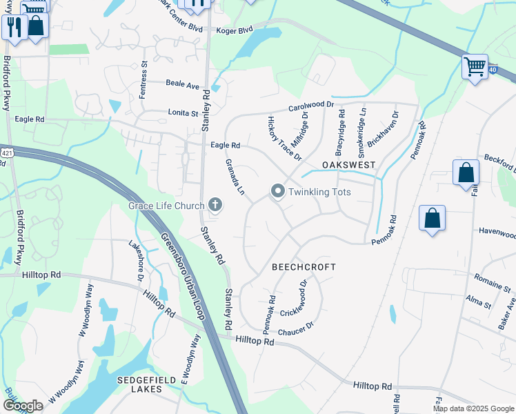 map of restaurants, bars, coffee shops, grocery stores, and more near 2 Beechcroft Court in Greensboro