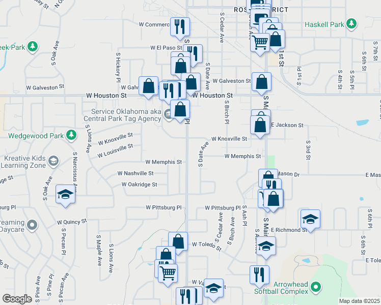 map of restaurants, bars, coffee shops, grocery stores, and more near 1017 South Elm Place in Broken Arrow