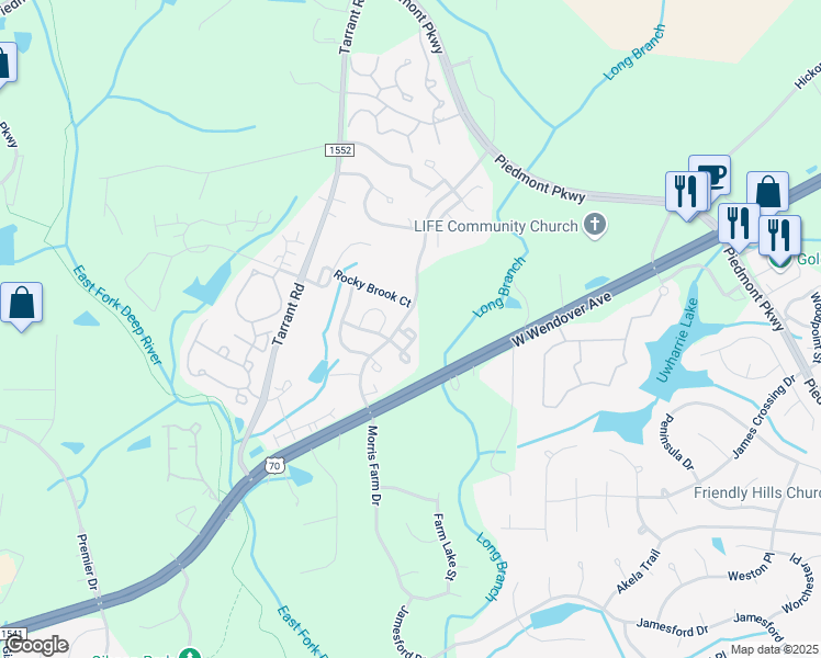 map of restaurants, bars, coffee shops, grocery stores, and more near 3650 Morris Farm Drive in Greensboro