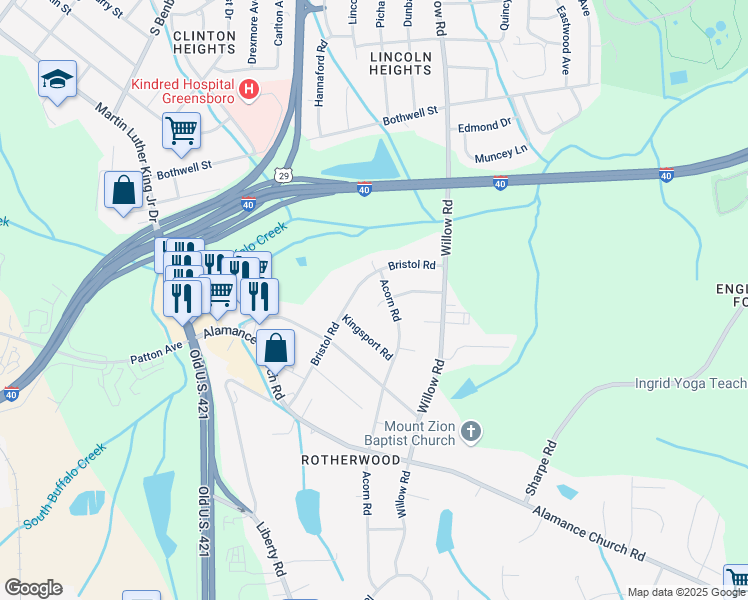 map of restaurants, bars, coffee shops, grocery stores, and more near 6 Rasheeda Court in Greensboro