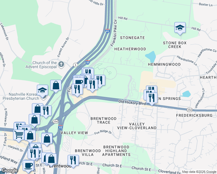 map of restaurants, bars, coffee shops, grocery stores, and more near 120 Brentwood Commons Way in Brentwood