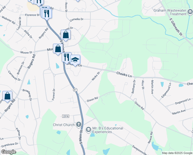 map of restaurants, bars, coffee shops, grocery stores, and more near 225 Nicks Street in Graham