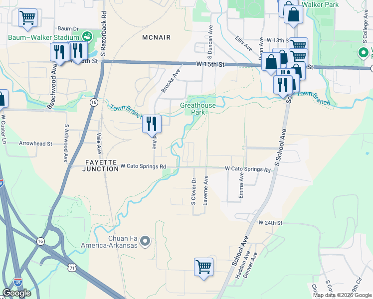 map of restaurants, bars, coffee shops, grocery stores, and more near 2035 Cline Avenue in Fayetteville