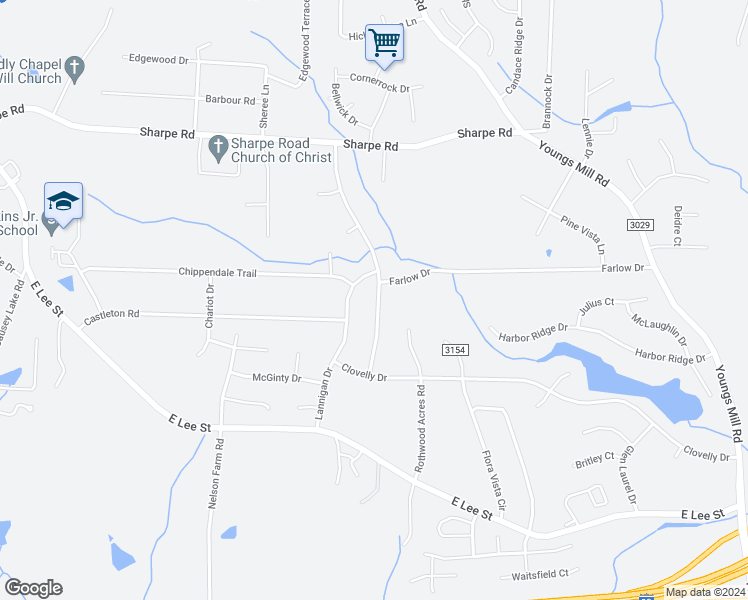 map of restaurants, bars, coffee shops, grocery stores, and more near 2104 Gramercy Park Drive in Greensboro