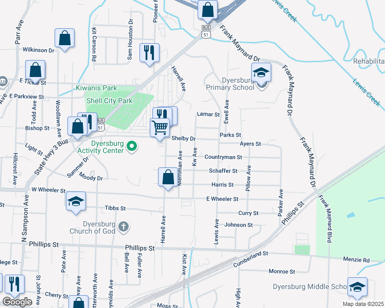 map of restaurants, bars, coffee shops, grocery stores, and more near 1524 Countryman Street in Dyersburg
