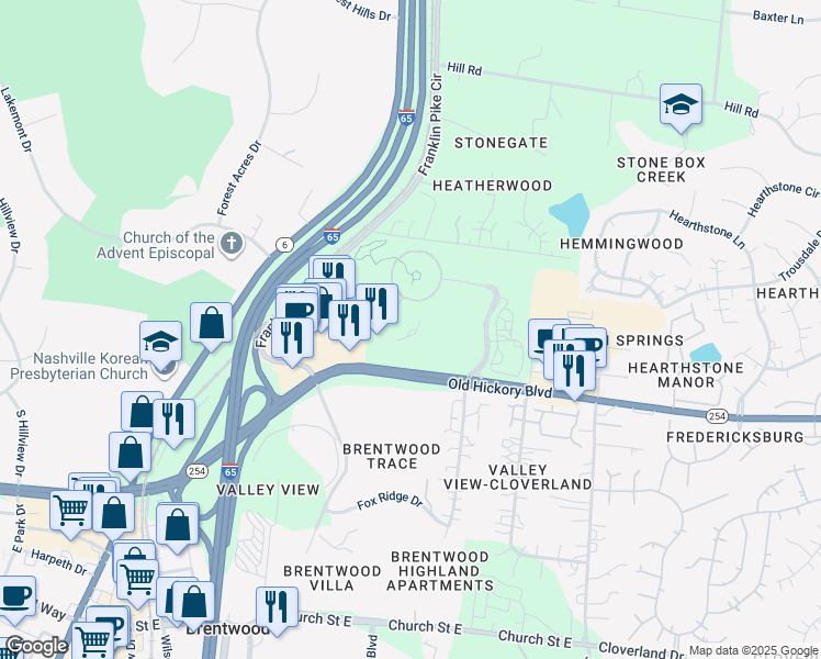 map of restaurants, bars, coffee shops, grocery stores, and more near 120 Brentwood Commons Way in Brentwood
