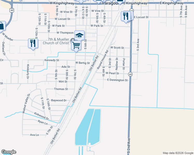 map of restaurants, bars, coffee shops, grocery stores, and more near 500-598 East Dennington Street in Paragould
