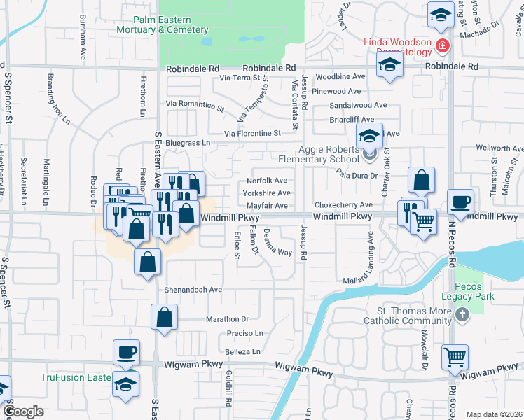 map of restaurants, bars, coffee shops, grocery stores, and more near 2823 Mayfair Avenue in Henderson