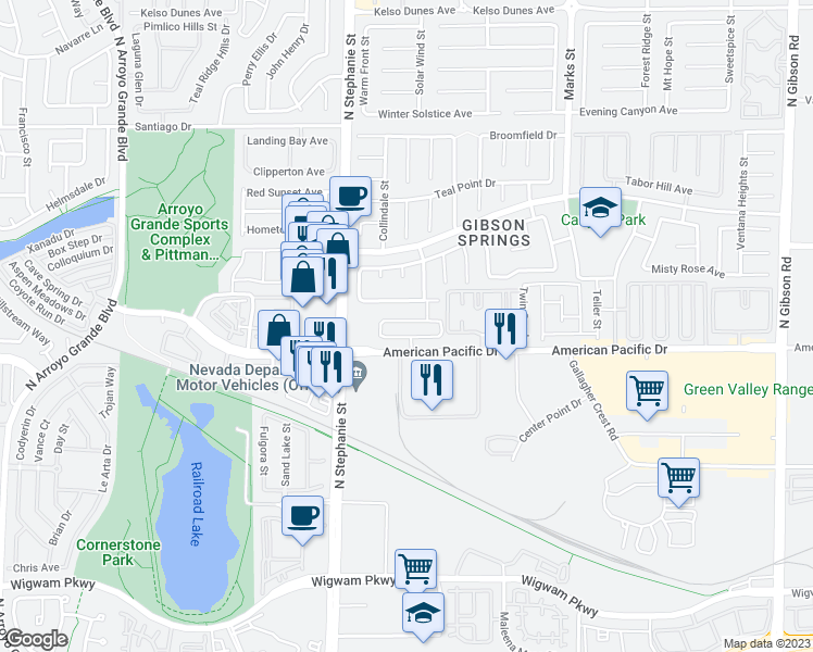 map of restaurants, bars, coffee shops, grocery stores, and more near 1343 Reef Point Avenue in Henderson